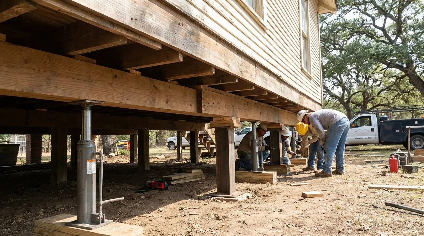 Pier and beam foundation being leveled under a home